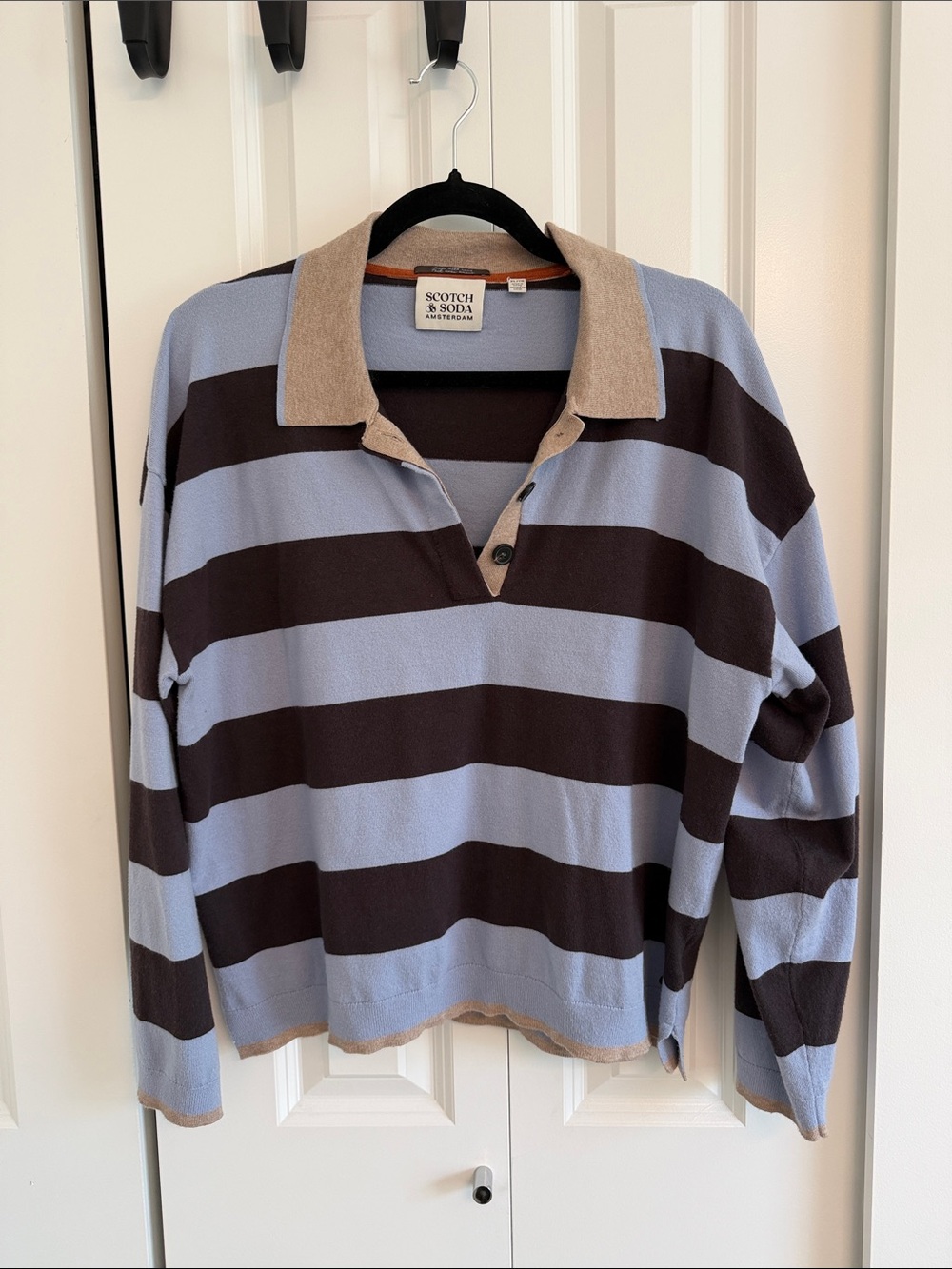 Scotch & Soda Striped Rugby V-Neck Sweater – Light Blue & Brown